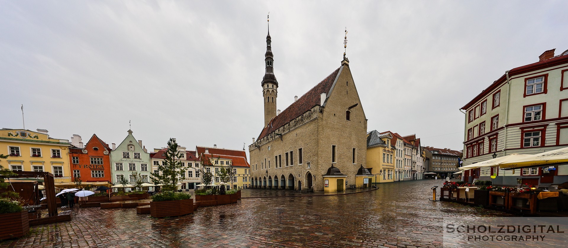 Rathausplatz im Regen – menschenleer, eindrucksvoll in seiner Stille